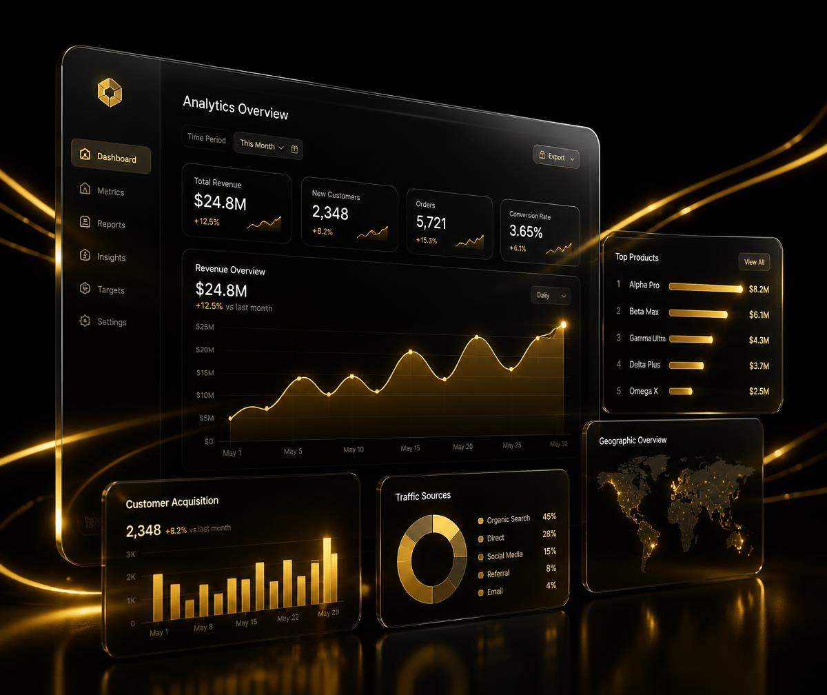 BIZBHEM analytics dashboard with revenue, acquisition and traffic charts